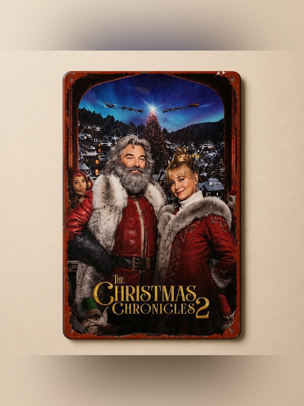 The Christmas Chronicles 2. Metal Sign Staring Kurt Russell and Goldie Hawn